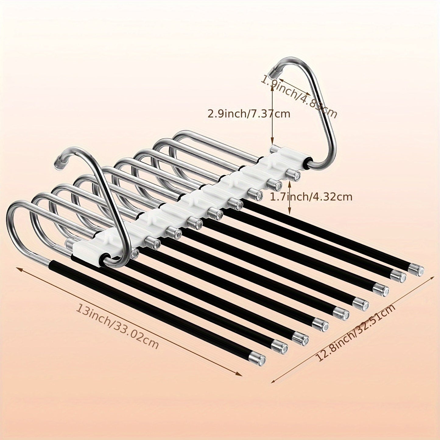 Space-saving stainless steel pants hanger with 1 piece, 5/9-layer design. Features non-slip S-hook for organizing tights, pants, and clothing in your closet.