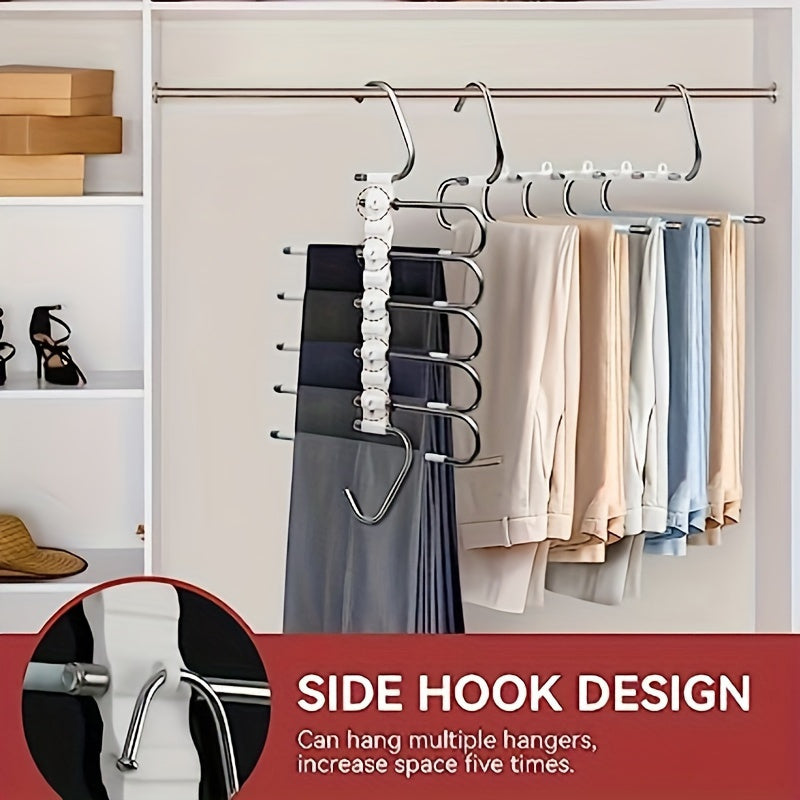 Space-saving stainless steel pants hanger with 1 piece, 5/9-layer design. Features non-slip S-hook for organizing tights, pants, and clothing in your closet.