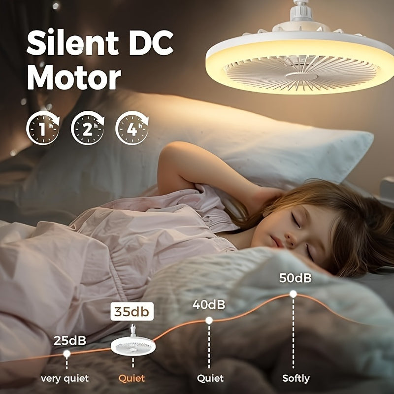 Compact 360° ceiling fan with remote control, 50W three-speed wind, 3 colors dimmable LED light. Suitable for bedrooms, kitchens, storage rooms, and closets. White, E26 light socket with