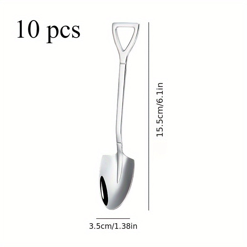 Set of 10 Stainless Steel Ice Cream Spoons in Creative Shovel Design - Ideal for Desserts, Tea, Coffee, Home, Kitchen, and Restaurant Use