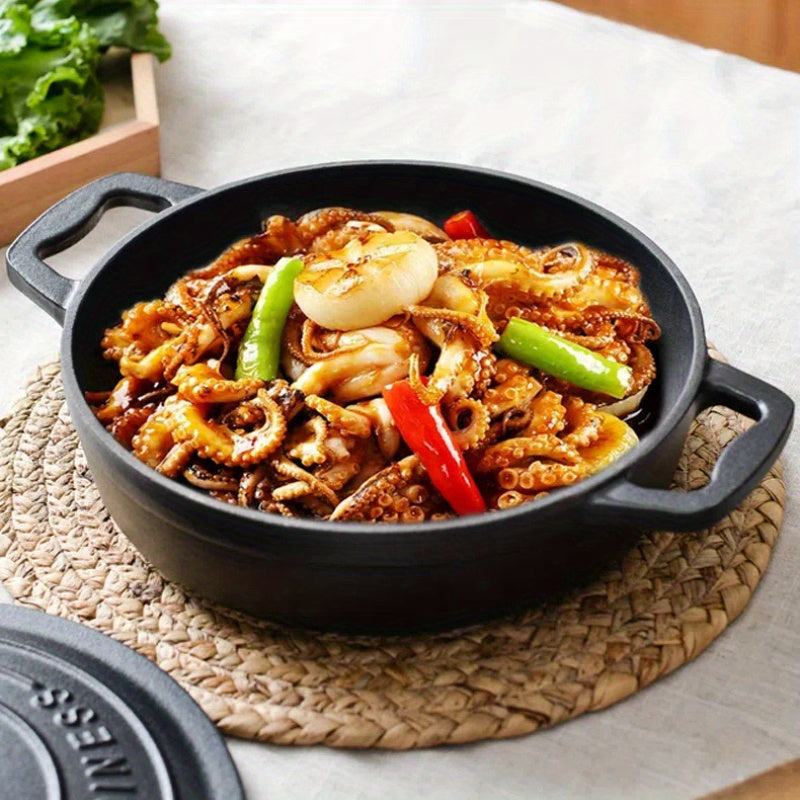 23cm round cast iron enamel pot that is perfect for a variety of uses including stewing, cooking seafood, and baking in the oven. This versatile and durable kitchen cookware is heat resistant, scratch-resistant, and easy to clean.