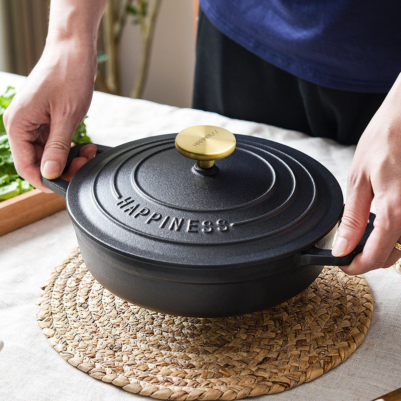 23cm round cast iron enamel pot that is perfect for a variety of uses including stewing, cooking seafood, and baking in the oven. This versatile and durable kitchen cookware is heat resistant, scratch-resistant, and easy to clean.