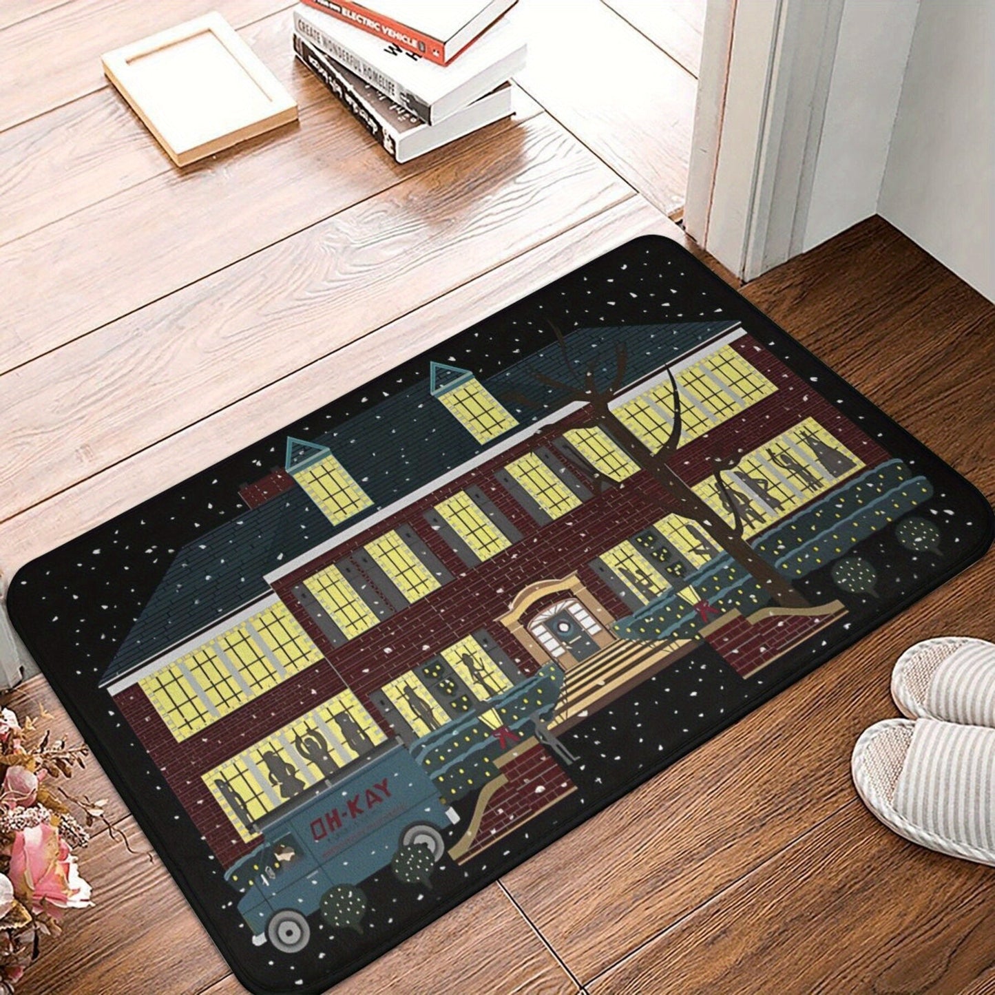 Polyester Doormat Inspired by Home Alone - Lightweight Rectangle Floor Mat with Anti-Slip Backing - Christmas Welcome Rug for Kitchen and Entryway Decor - Easy to Clean and Durable