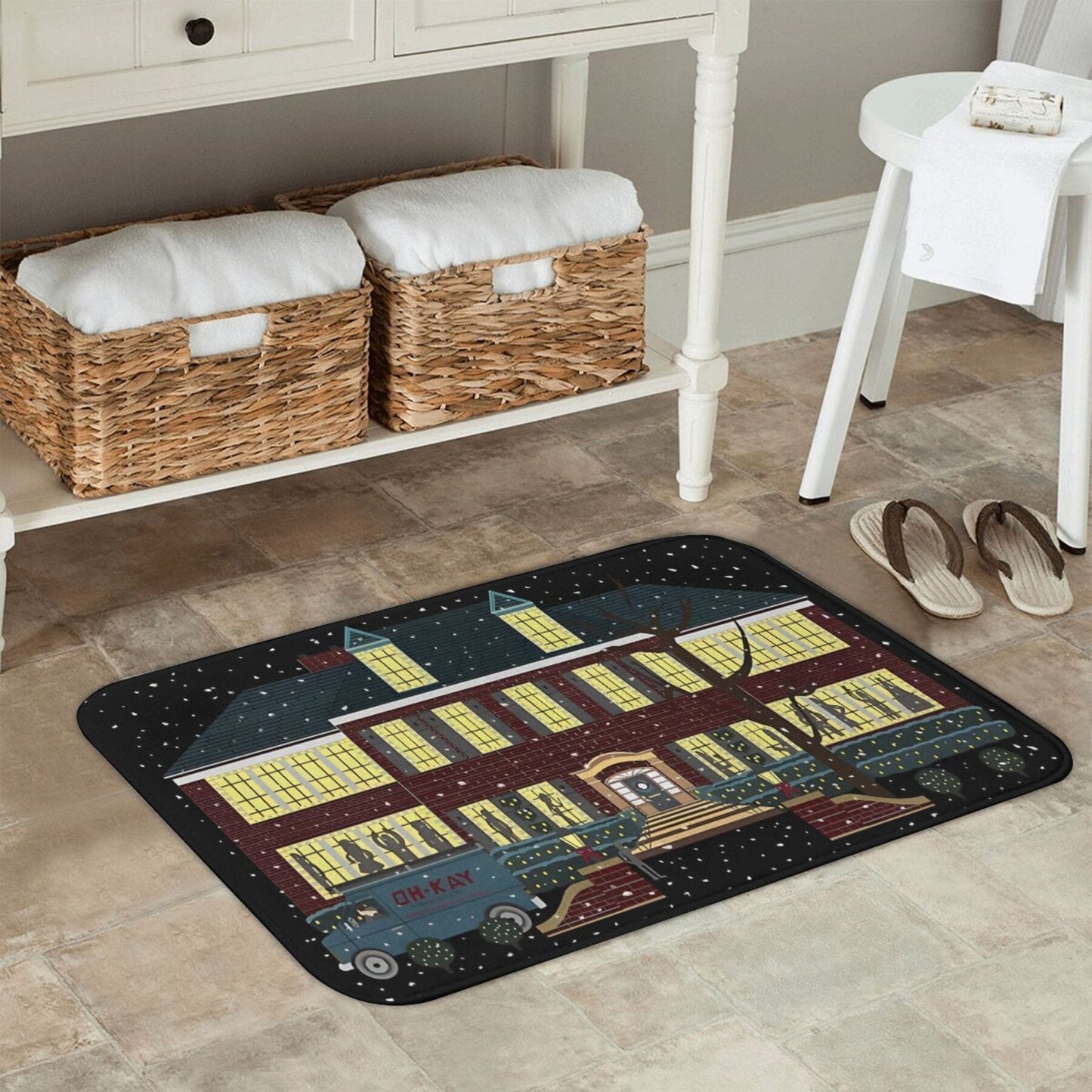 Polyester Doormat Inspired by Home Alone - Lightweight Rectangle Floor Mat with Anti-Slip Backing - Christmas Welcome Rug for Kitchen and Entryway Decor - Easy to Clean and Durable