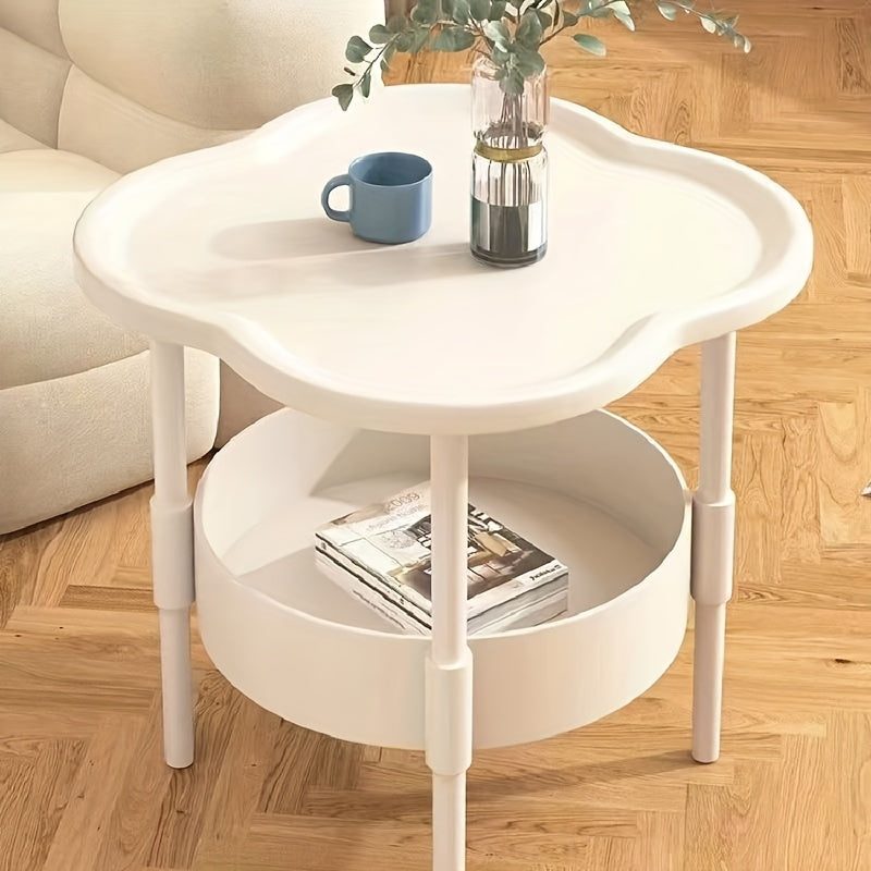 Modern minimalist round coffee table with 2-tier storage in white plastic, ideal for living room, bedroom, or office.