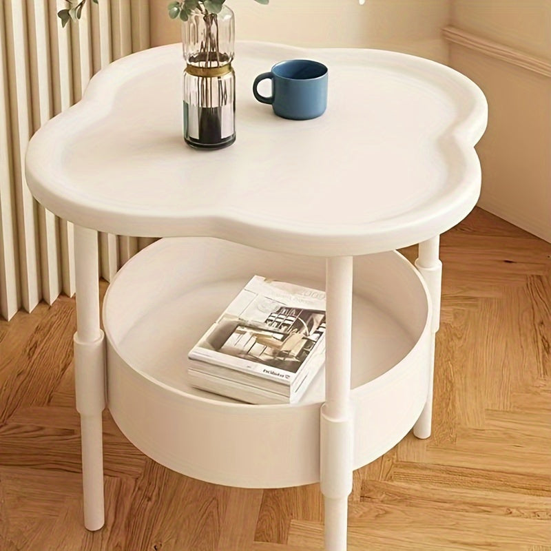 Modern minimalist round coffee table with 2-tier storage in white plastic, ideal for living room, bedroom, or office.