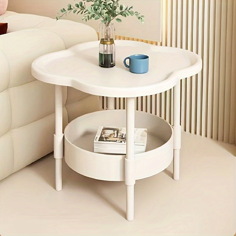 Modern minimalist round coffee table with 2-tier storage in white plastic, ideal for living room, bedroom, or office.