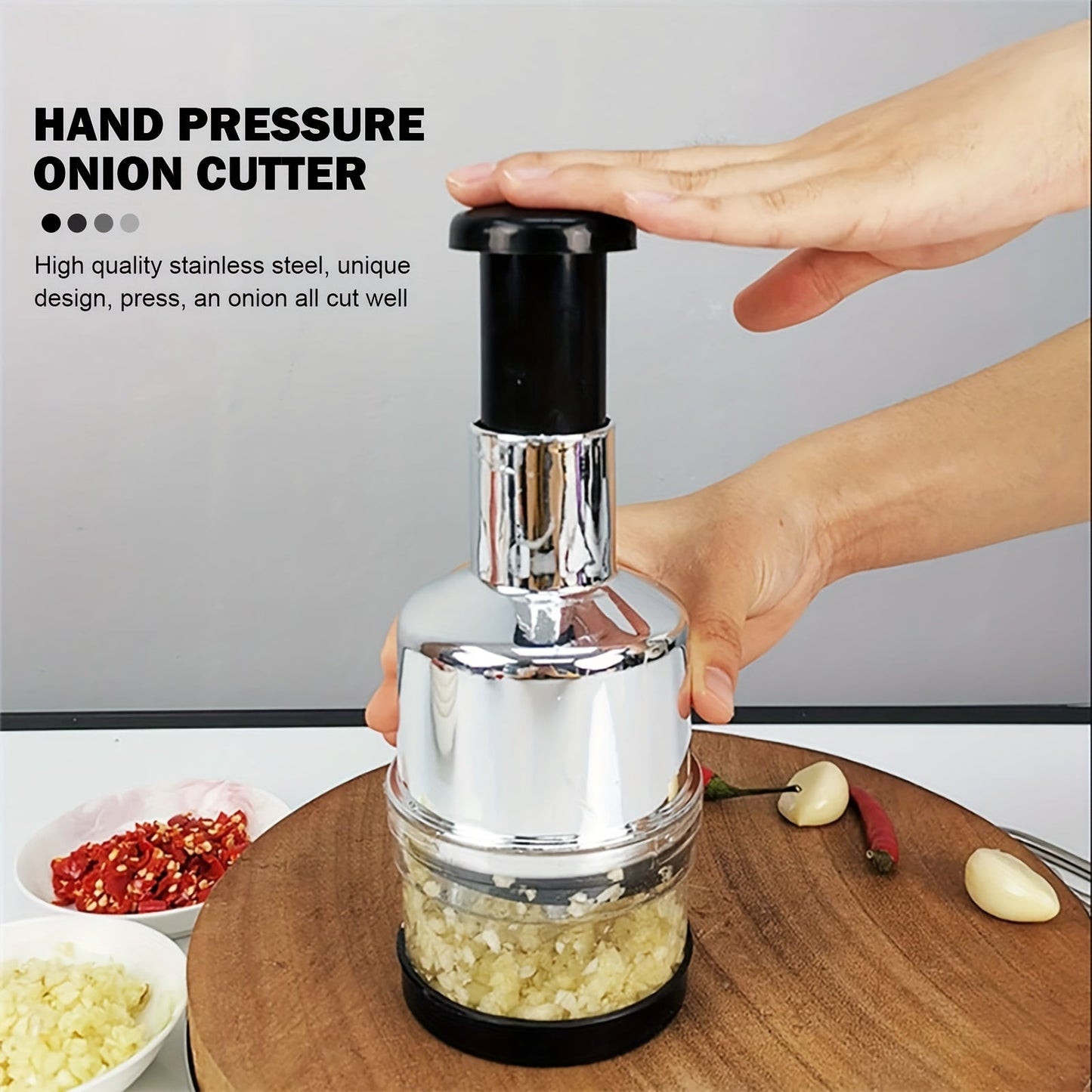 Stainless Steel Manual Food Chopper - Handheld Press Cutter for Garlic, Onions, and Vegetables - Durable Kitchen Tool, Food-Safe, No Power Required