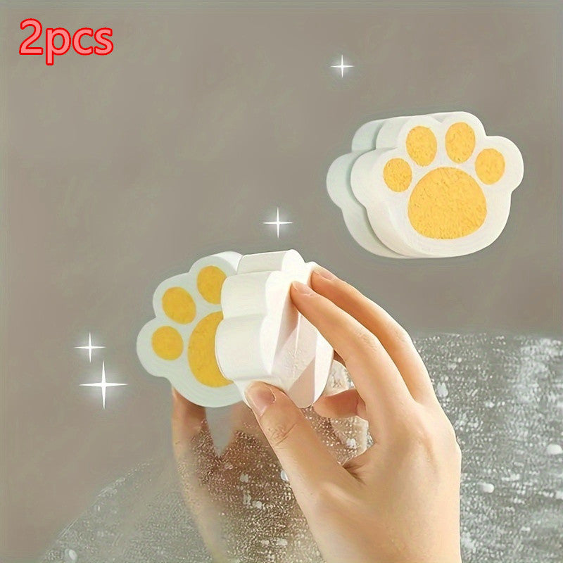 Pair of Cute Cat Paw Mirror Cleaning Sponges - Portable and No Electricity Required for Removing Stains from Bathroom and Kitchen Glass