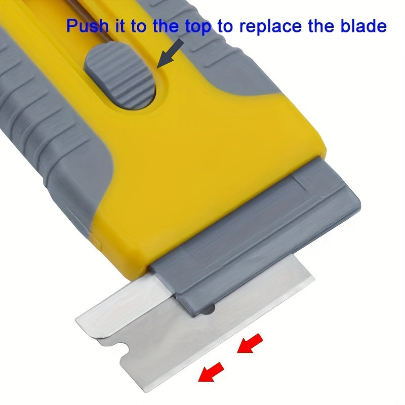 Versatile Razor Blade Scraper Tool for Paint Removal, Window Cleaning, Stovetop Maintenance - Made of Durable Stainless Steel and Plastic with an Ergonomic Yellow and Orange Design - Easy Grip Handle for Effortless Window Cleaning - Includes Stainless