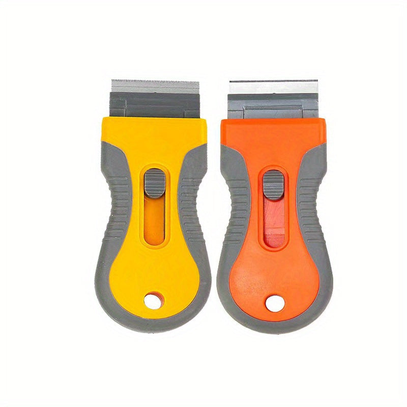 Versatile Razor Blade Scraper Tool for Paint Removal, Window Cleaning, Stovetop Maintenance - Made of Durable Stainless Steel and Plastic with an Ergonomic Yellow and Orange Design - Easy Grip Handle for Effortless Window Cleaning - Includes Stainless