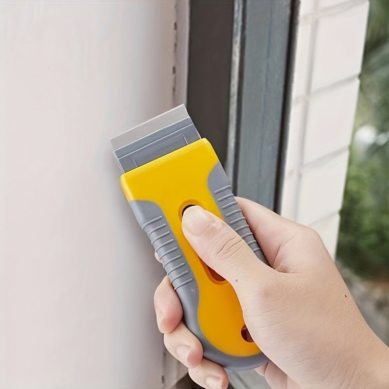 Versatile Razor Blade Scraper Tool for Paint Removal, Window Cleaning, Stovetop Maintenance - Made of Durable Stainless Steel and Plastic with an Ergonomic Yellow and Orange Design - Easy Grip Handle for Effortless Window Cleaning - Includes Stainless