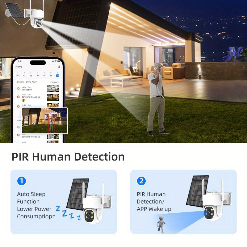 Wireless Solar Security Camera System with Spotlight & Siren - 2K Resolution, 355° Field of View, Color Night Vision, PIR Motion Detection, 2-Way Audio, USB/Battery Powered