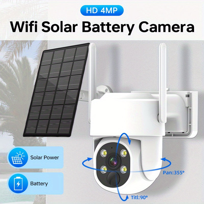 Wireless Solar Security Camera System with Spotlight & Siren - 2K Resolution, 355° Field of View, Color Night Vision, PIR Motion Detection, 2-Way Audio, USB/Battery Powered