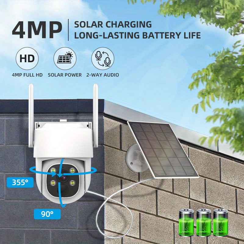 Wireless Solar Security Camera System with Spotlight & Siren - 2K Resolution, 355° Field of View, Color Night Vision, PIR Motion Detection, 2-Way Audio, USB/Battery Powered