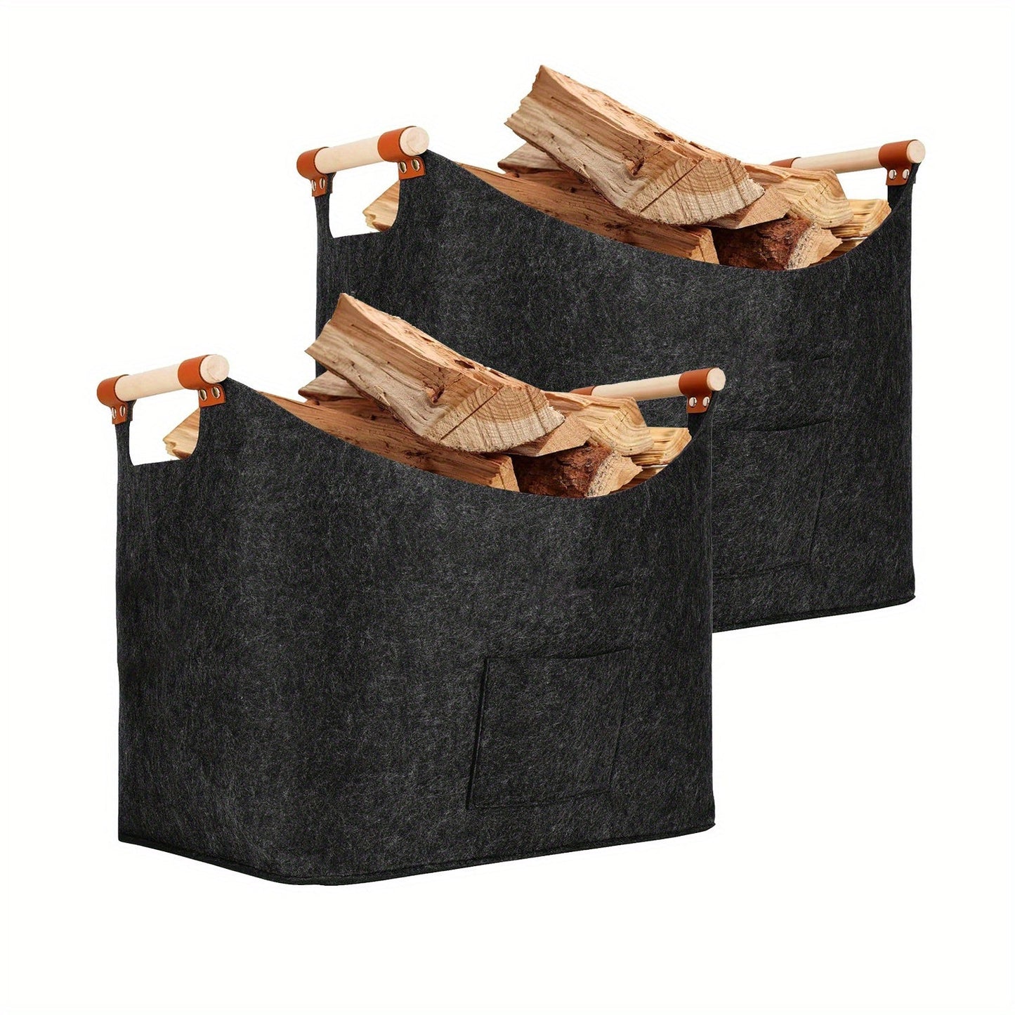 These durable felt firewood baskets come in a two pack and feature extra thickness and reinforced handles. They conveniently fold into a pouch for easy storage and can be used for storing wood, newspapers, shopping items, and firewood. Available in two