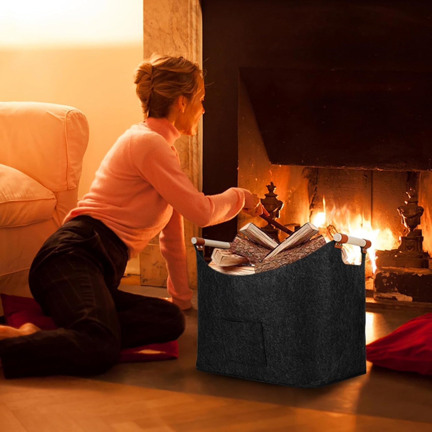 These durable felt firewood baskets come in a two pack and feature extra thickness and reinforced handles. They conveniently fold into a pouch for easy storage and can be used for storing wood, newspapers, shopping items, and firewood. Available in two