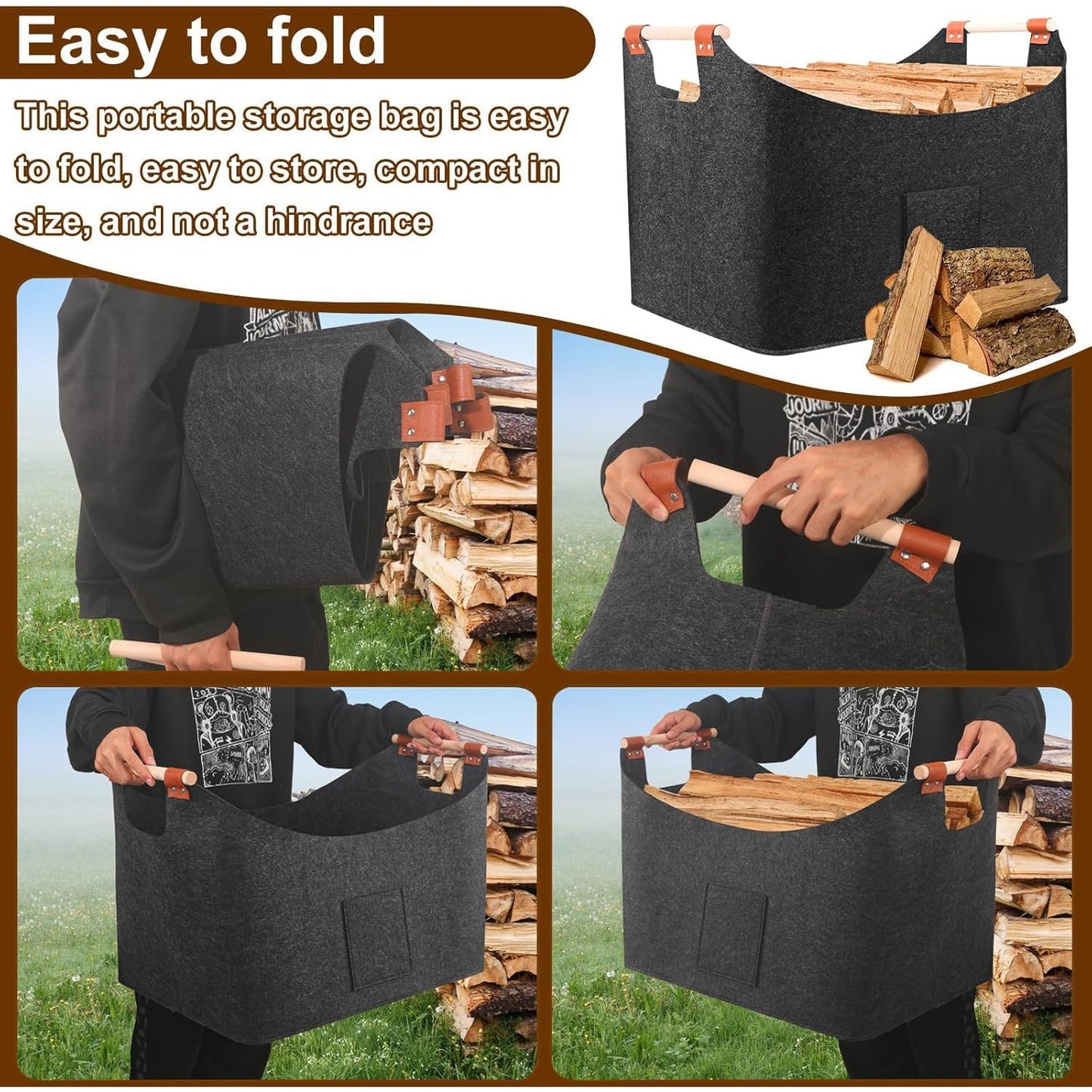 These durable felt firewood baskets come in a two pack and feature extra thickness and reinforced handles. They conveniently fold into a pouch for easy storage and can be used for storing wood, newspapers, shopping items, and firewood. Available in two