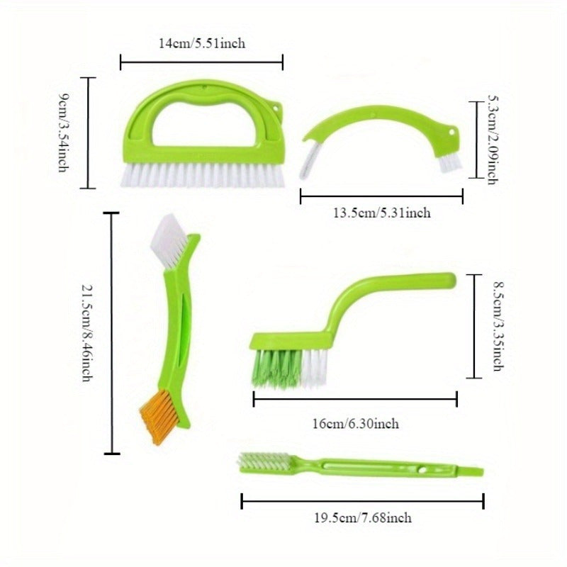 Set of plastic tile cleaning brushes suitable for multiple uses, with stiff bristles ideal for kitchen and bathroom floor grout lines. Can be used with vacuum cleaners with crevice attachment compatibility. Includes brushes for corners and gaps in