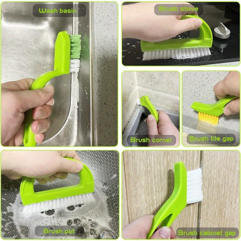 Set of plastic tile cleaning brushes suitable for multiple uses, with stiff bristles ideal for kitchen and bathroom floor grout lines. Can be used with vacuum cleaners with crevice attachment compatibility. Includes brushes for corners and gaps in