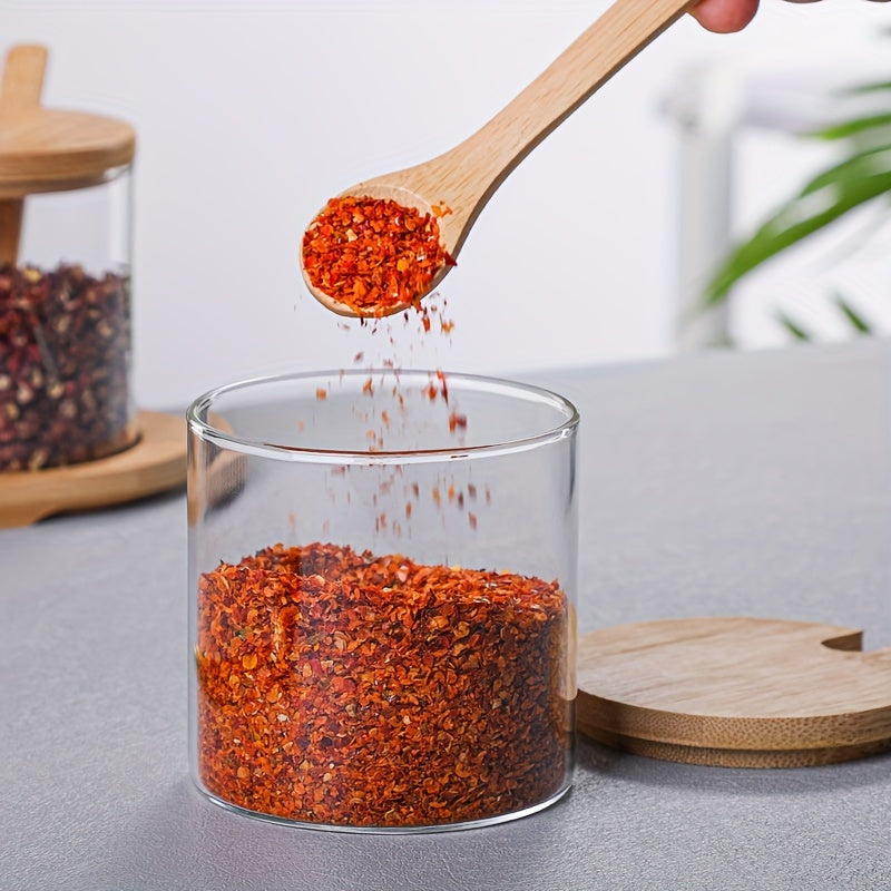 Glass sugar bowl with wooden lid, spoon - transparent spice jar for kitchen seasoning, coffee condiments.