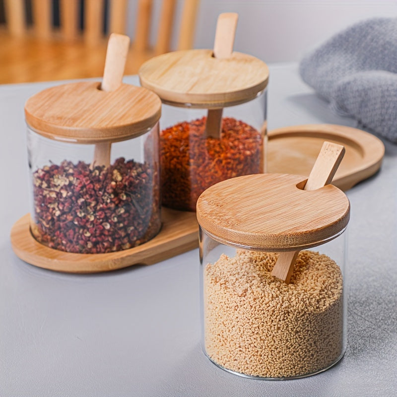 Glass sugar bowl with wooden lid, spoon - transparent spice jar for kitchen seasoning, coffee condiments.