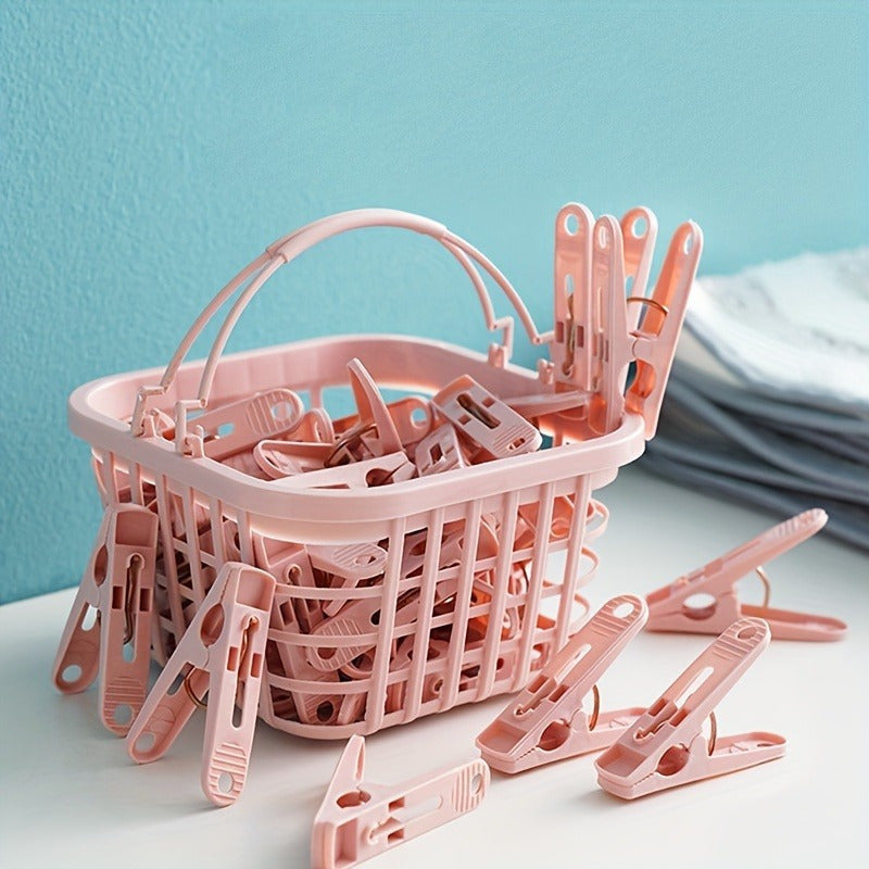 Set of 30 Sturdy Plastic Clothespins in a Basket, Ideal for Hanging & Sorting Laundry, Weather-resistant Clips for Home & Kitchen Organization