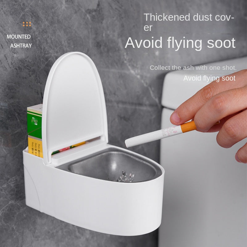 Wall-Mounted toilet ashtray with lid, plastic material, easy to clean, prevents flying ashes, ideal bathroom accessory for home.