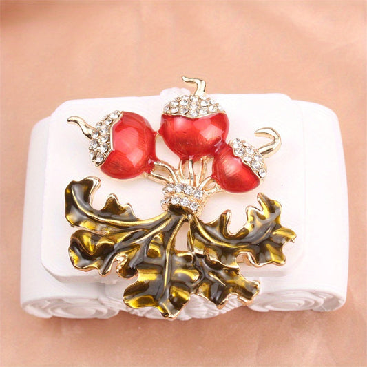 Stylish and charming radish and leaf brooch adorned with rhinestones, featuring a unique floral design. The perfect fashionable accessory.