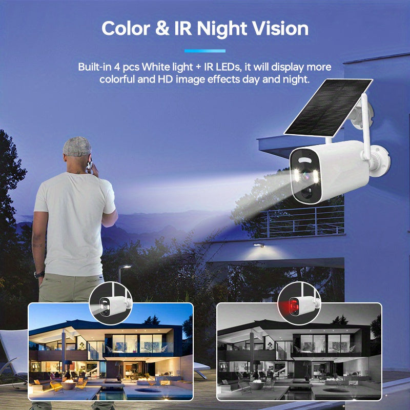 Zhxinsd Solar Security Camera - Outdoor Wireless with Color Night Vision, Motion Sensor, 2-Way Audio, Rechargeable Battery, Wi-Fi Enabled, Spotlight, Battery/USB Dual Power - Ideal for Home Surveillance - 2K Resolution - 1 Piece