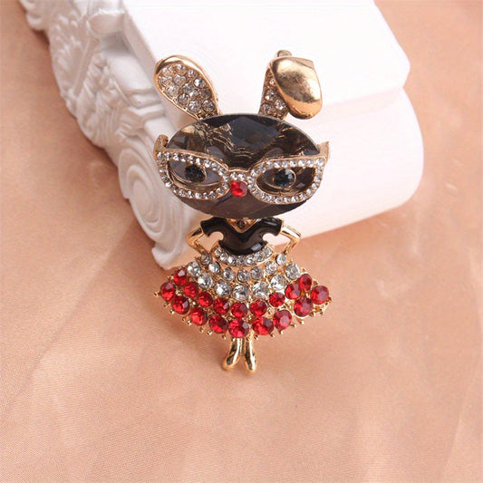 Stylish Rhinestone Bunny Brooch Pin with Glasses - Adorable and Sophisticated Accent for Females of All Ages