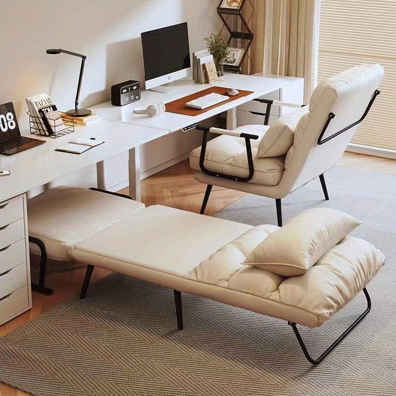 Beige leather folding recliner chair with iron frame, cushion, and multi-function design for office or napping.