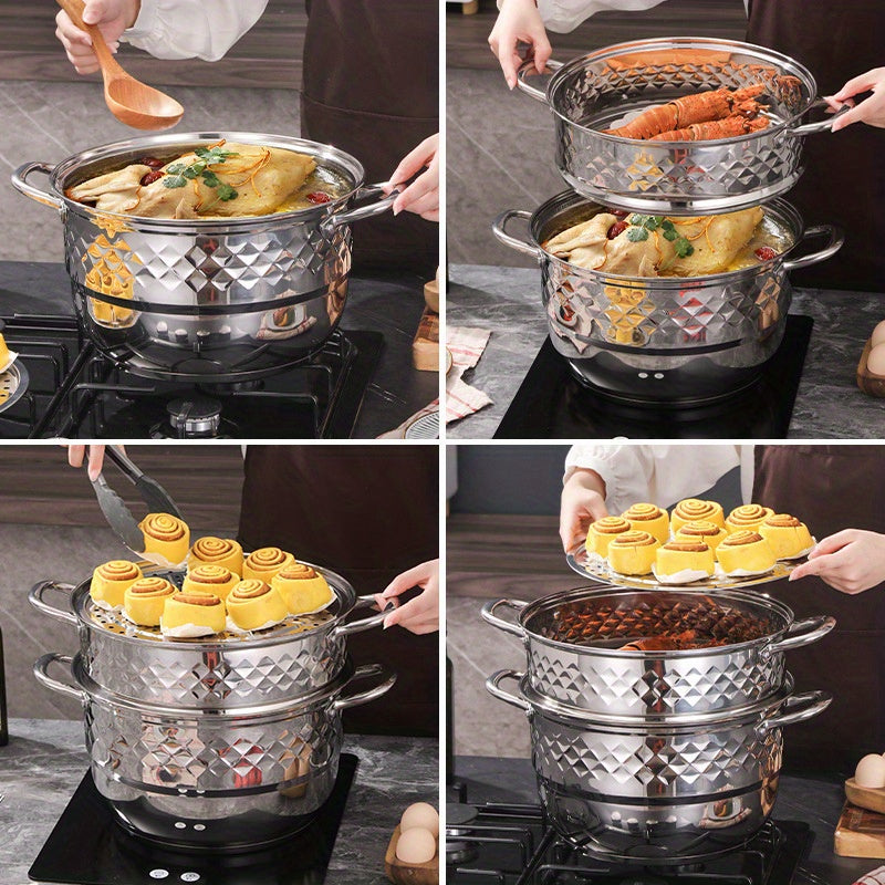 Get ready for fall with the perfect addition to your kitchen - a stainless steel steamer with a large capacity, double diamond design, and transparent lid. Ideal for home kitchens, this steamer is versatile and stylish, making it the perfect choice for