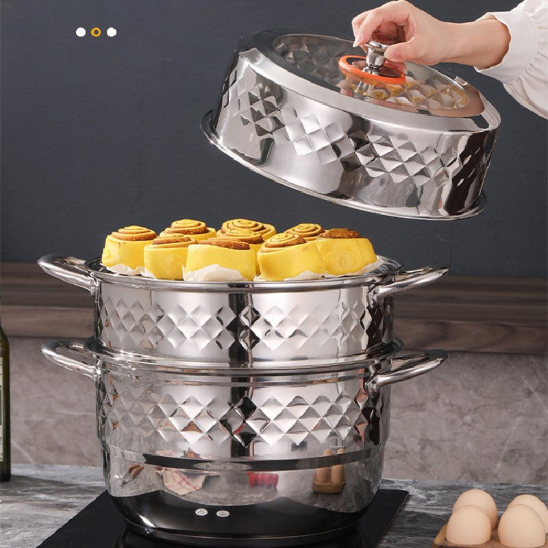 Get ready for fall with the perfect addition to your kitchen - a stainless steel steamer with a large capacity, double diamond design, and transparent lid. Ideal for home kitchens, this steamer is versatile and stylish, making it the perfect choice for