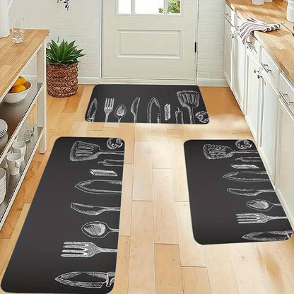 Non-slip, durable polyester kitchen mat with gray utensil pattern is machine washable and stain resistant. Suitable for kitchen, living room, entryway, balcony, and home décor. Measures