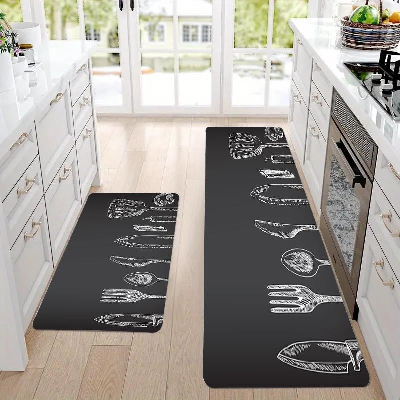 Non-slip, durable polyester kitchen mat with gray utensil pattern is machine washable and stain resistant. Suitable for kitchen, living room, entryway, balcony, and home décor. Measures