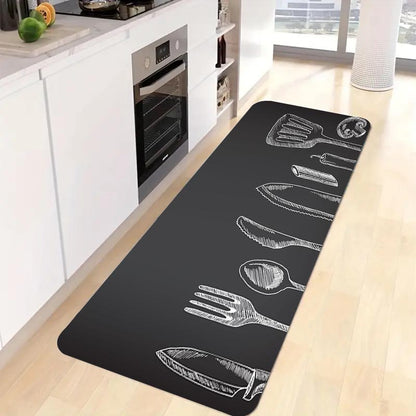 Non-slip, durable polyester kitchen mat with gray utensil pattern is machine washable and stain resistant. Suitable for kitchen, living room, entryway, balcony, and home décor. Measures