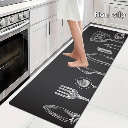 Non-slip, durable polyester kitchen mat with gray utensil pattern is machine washable and stain resistant. Suitable for kitchen, living room, entryway, balcony, and home décor. Measures