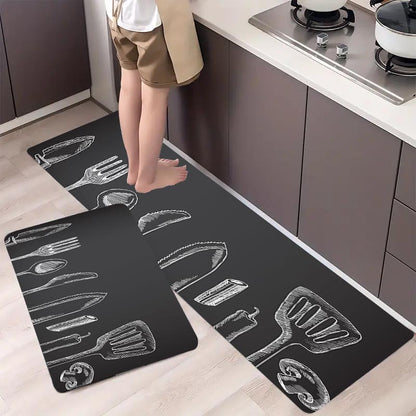 Non-slip, durable polyester kitchen mat with gray utensil pattern is machine washable and stain resistant. Suitable for kitchen, living room, entryway, balcony, and home décor. Measures