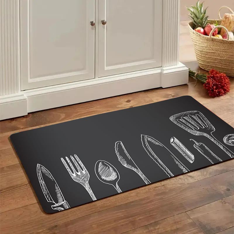 Non-slip, durable polyester kitchen mat with gray utensil pattern is machine washable and stain resistant. Suitable for kitchen, living room, entryway, balcony, and home décor. Measures