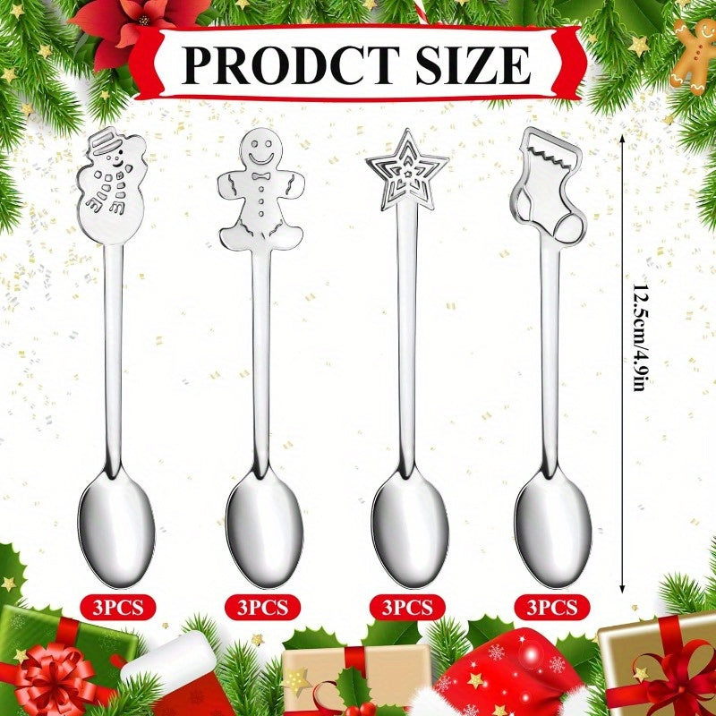 Set of 12 Creative Christmas Stainless Steel Spoons for Coffee, Tea, Soup, 12.7 cm