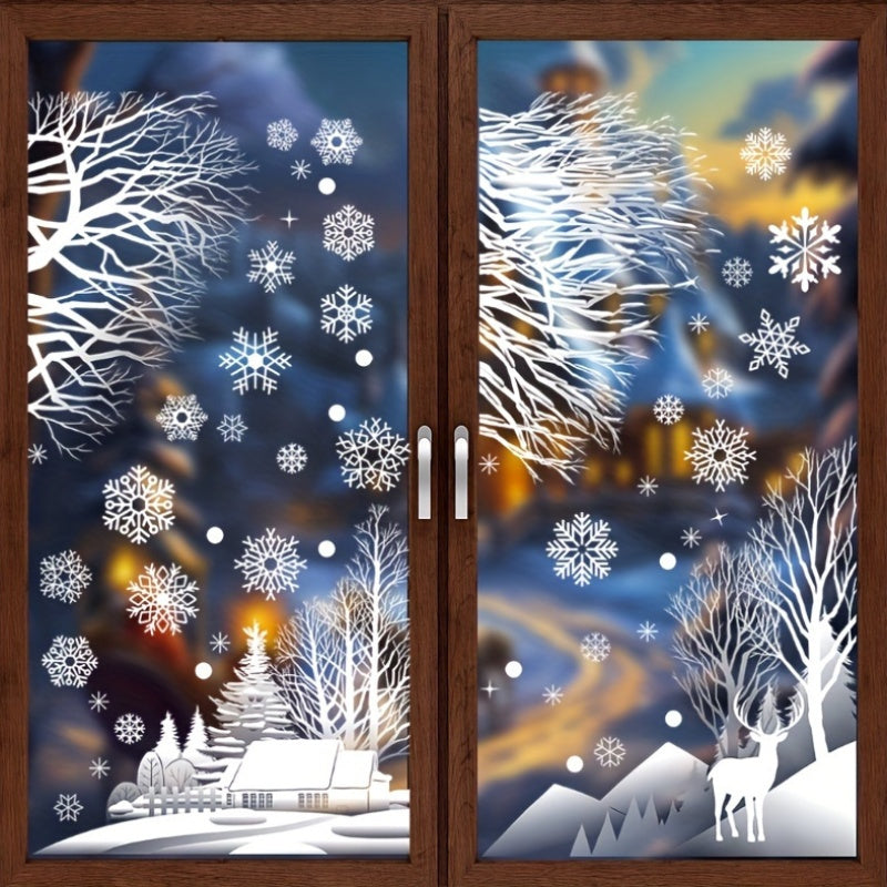 Set of 56 winter-themed Christmas window clings - featuring static snowflakes, trees, and cabin decorations. Perfect for decorating glass and mirrors without the need for feathers or electricity. Create a festive holiday display without any hassle.