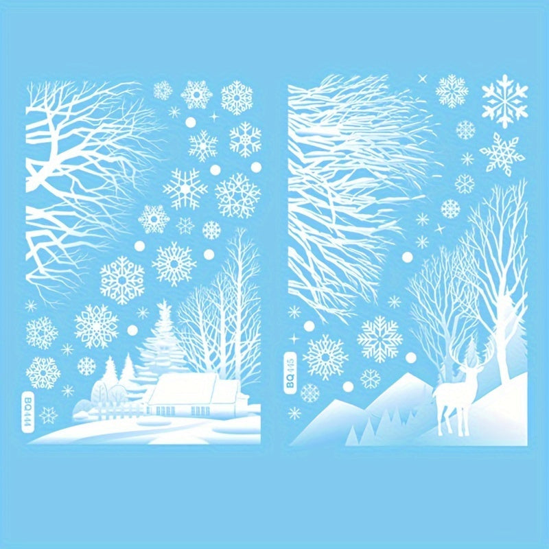 Set of 56 winter-themed Christmas window clings - featuring static snowflakes, trees, and cabin decorations. Perfect for decorating glass and mirrors without the need for feathers or electricity. Create a festive holiday display without any hassle.