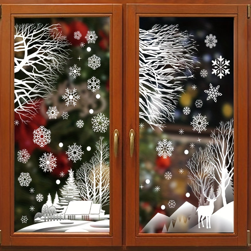 Set of 56 winter-themed Christmas window clings - featuring static snowflakes, trees, and cabin decorations. Perfect for decorating glass and mirrors without the need for feathers or electricity. Create a festive holiday display without any hassle.