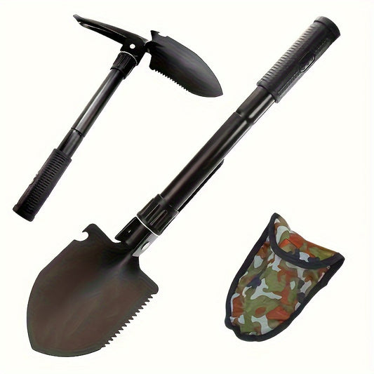 Durable folding shovel for camping and gardening, compact design for easy transport and storage, versatile for outdoor use in various conditions.