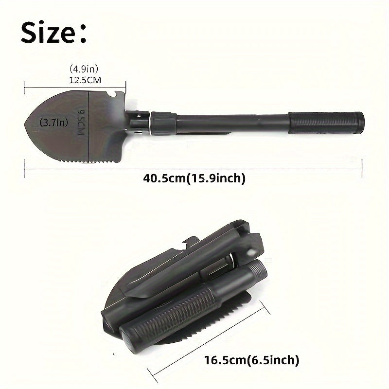 Durable folding shovel for camping and gardening, compact design for easy transport and storage, versatile for outdoor use in various conditions.