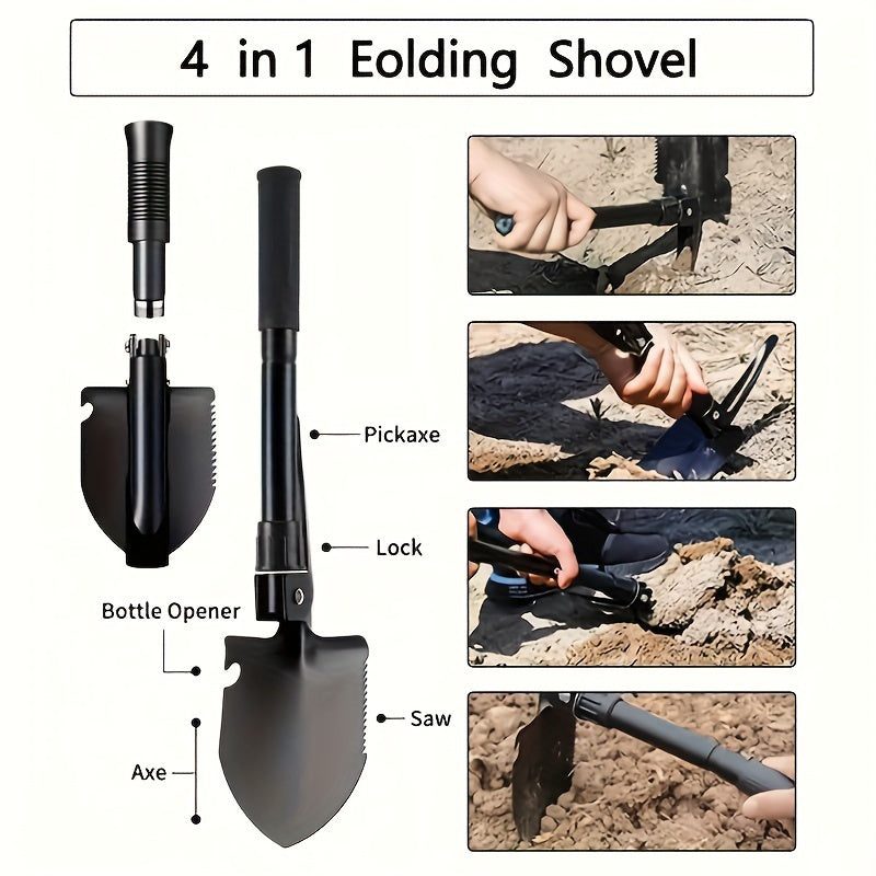 Durable folding shovel for camping and gardening, compact design for easy transport and storage, versatile for outdoor use in various conditions.