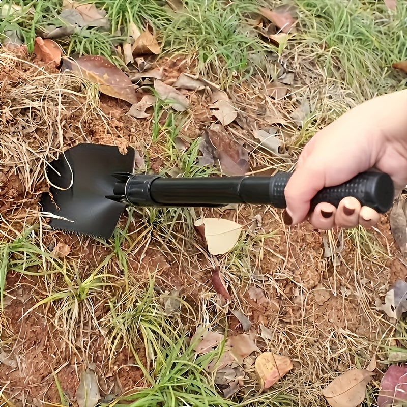 Durable folding shovel for camping and gardening, compact design for easy transport and storage, versatile for outdoor use in various conditions.