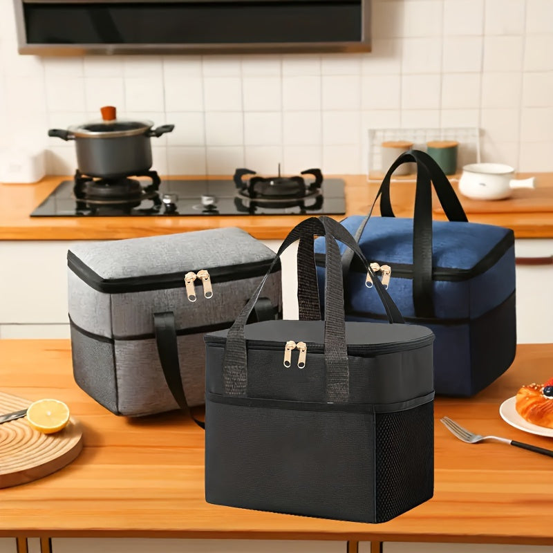 The Insulated Lunch Bag Set includes a 1pc Oxford Cloth Thermal Cooler Tote for storing food on the go. This portable food storage container is leakproof and can be easily hand washed. Perfect for office, picnic, camping, and travel use.