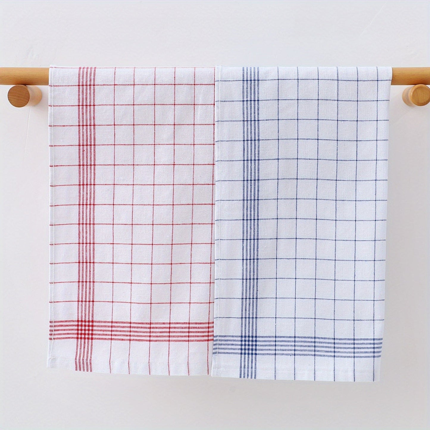 Pack of 12 kitchen towels in 2 colors (blue and red plaid), made of cotton knit with stripes and checkers. These multipurpose cloths are suitable for use in the home, living room, bedroom, outdoor, bathroom, and kitchen. They are reusable cleaning cloths